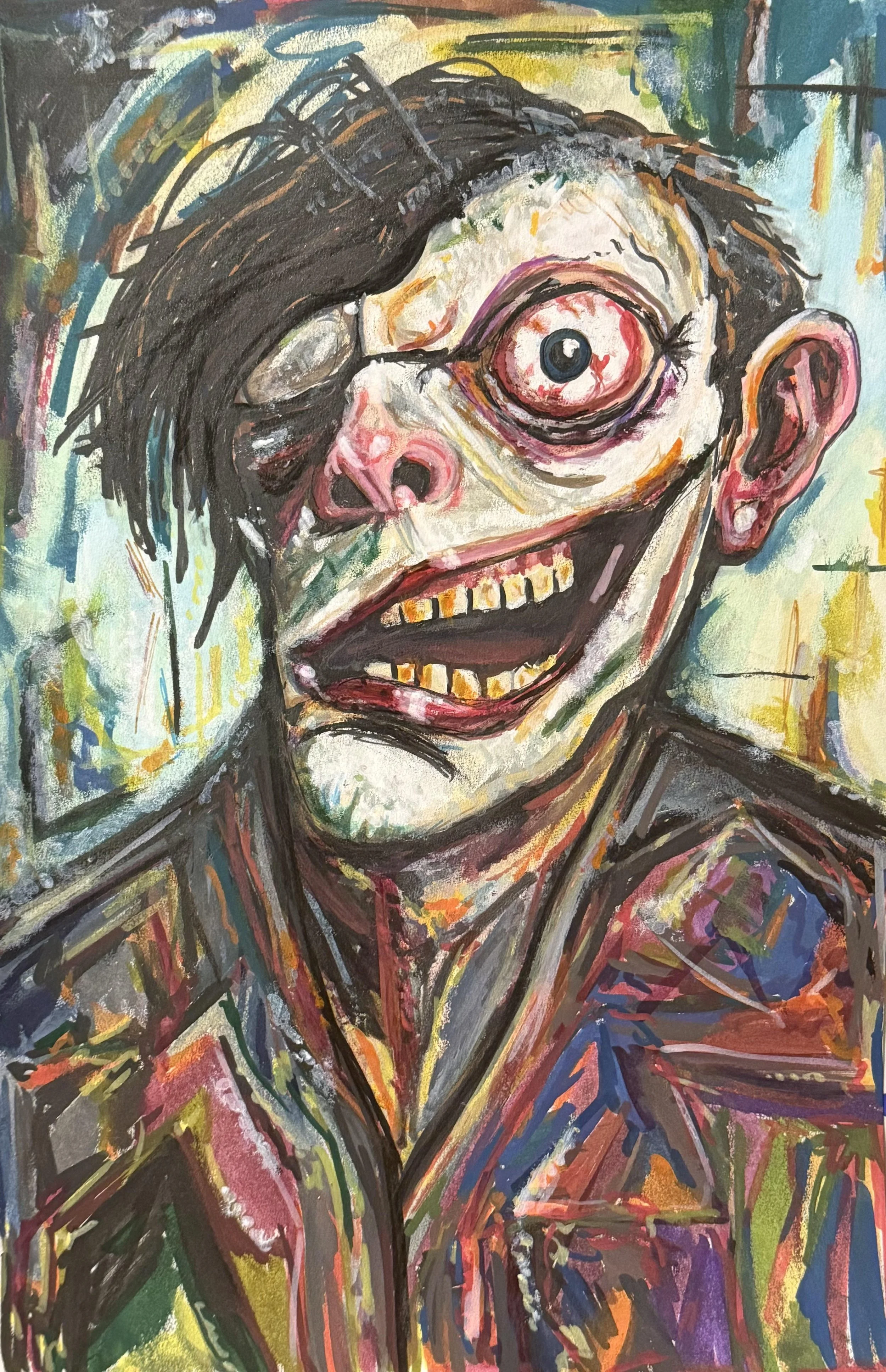 A colorful, expressionist painting of a person with wide eyes, dark hair, and an open mouth, wearing a suit and tie.