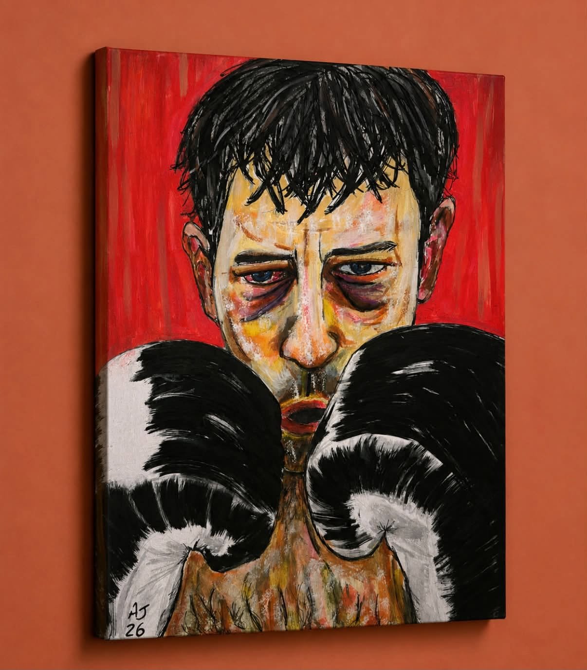 Painting of a person with disheveled hair and dark eye circles, holding their face with black and white feathers against a red background.