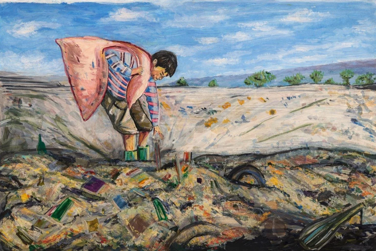 A young boy dressed in plaid shirt, shorts, and rubber boots, picking up trash in a field with scattered debris, including bottles and cans, under a blue sky with some clouds.