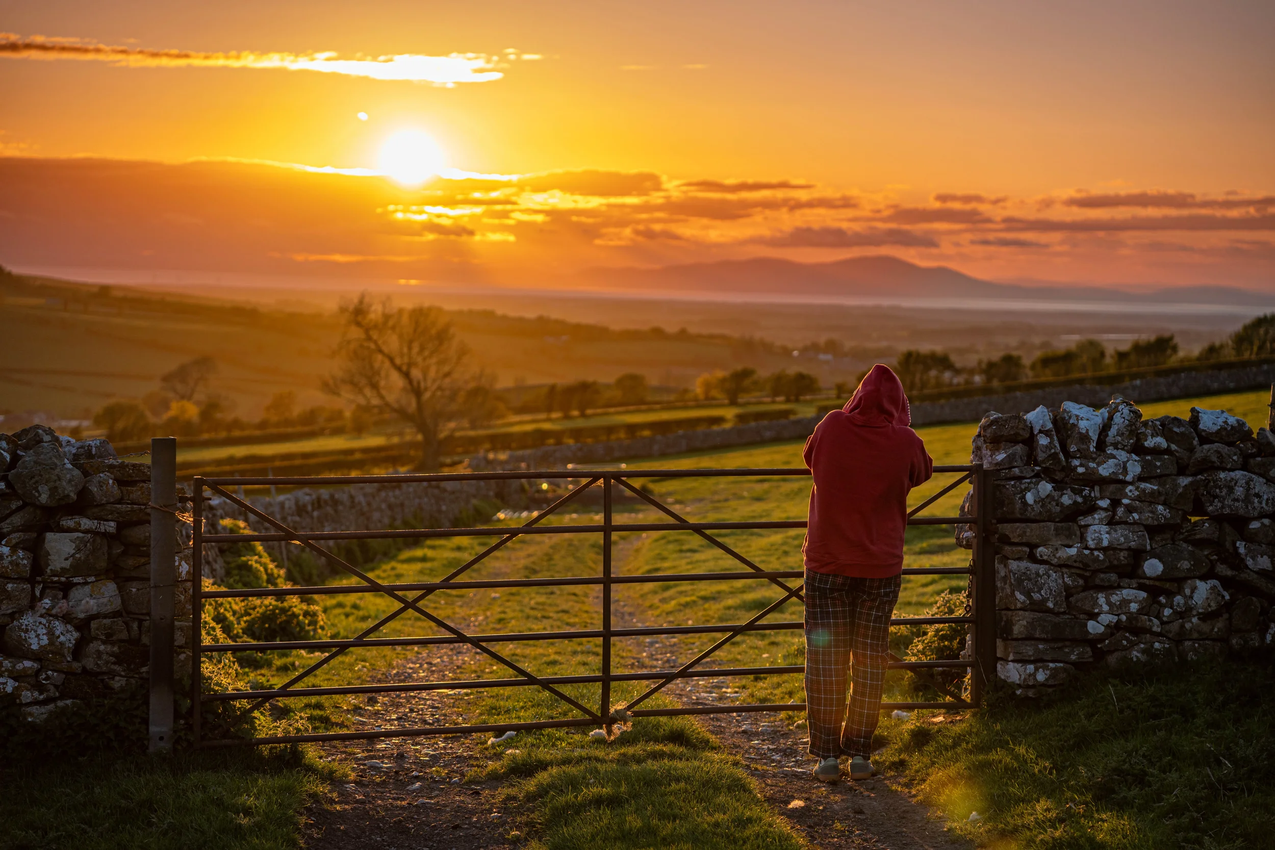 A person in a red hoodie and checkered pants standing at a gate, looking at a scenic sunset over a rural landscape with rolling hills, trees, and distant mountains.