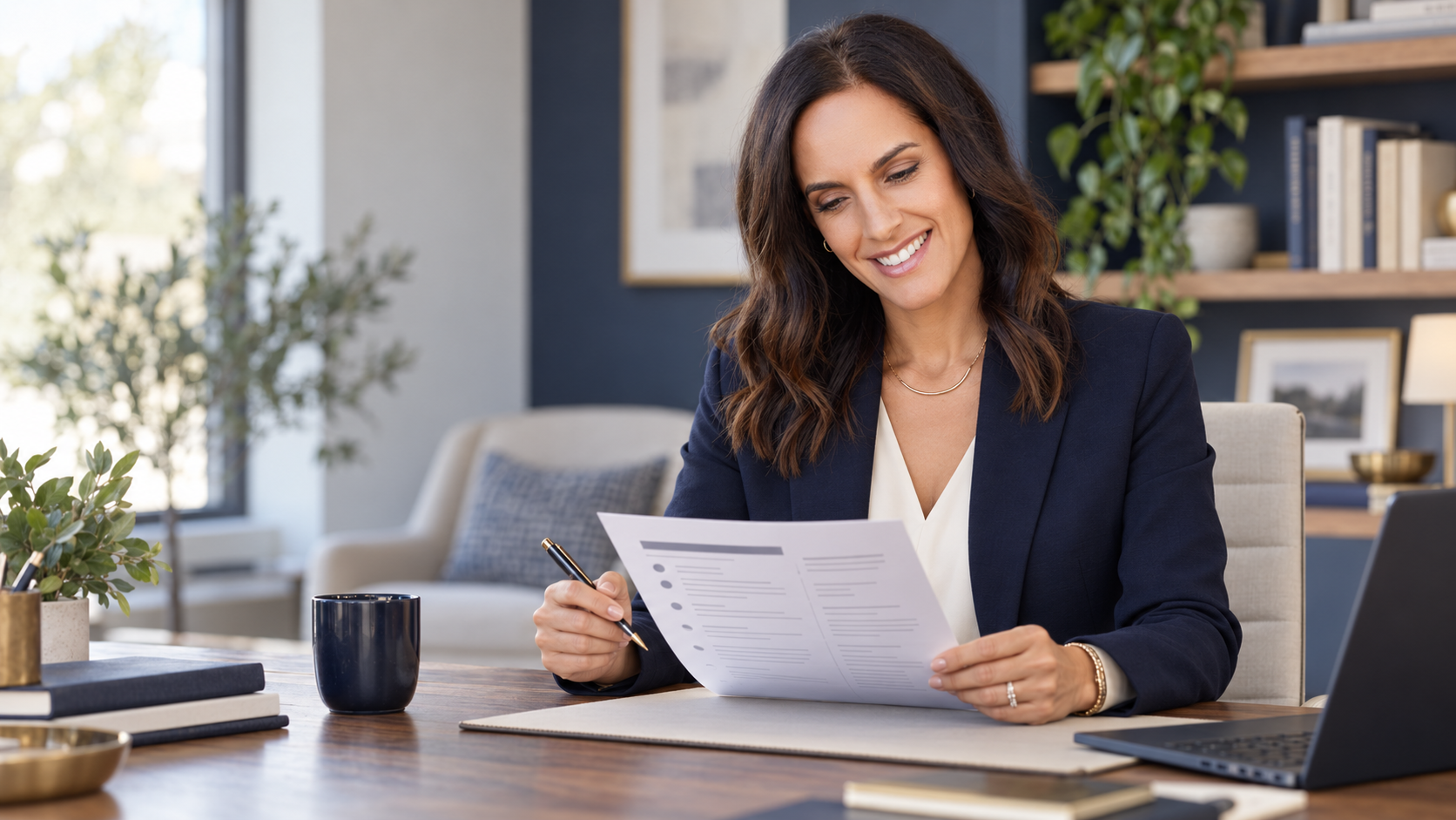 A woman with brown hair wearing a navy blazer, smiling as she looks at a document in an office setting.