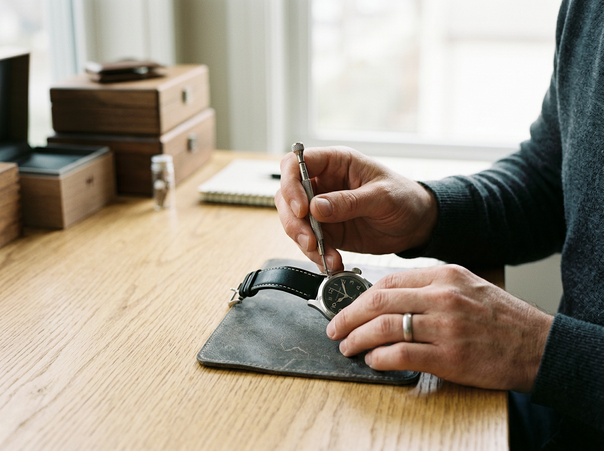 A person adjusting a wristwatch with a tool on a wooden desk, with storage boxes, a notepad, and a small bottle in the background.