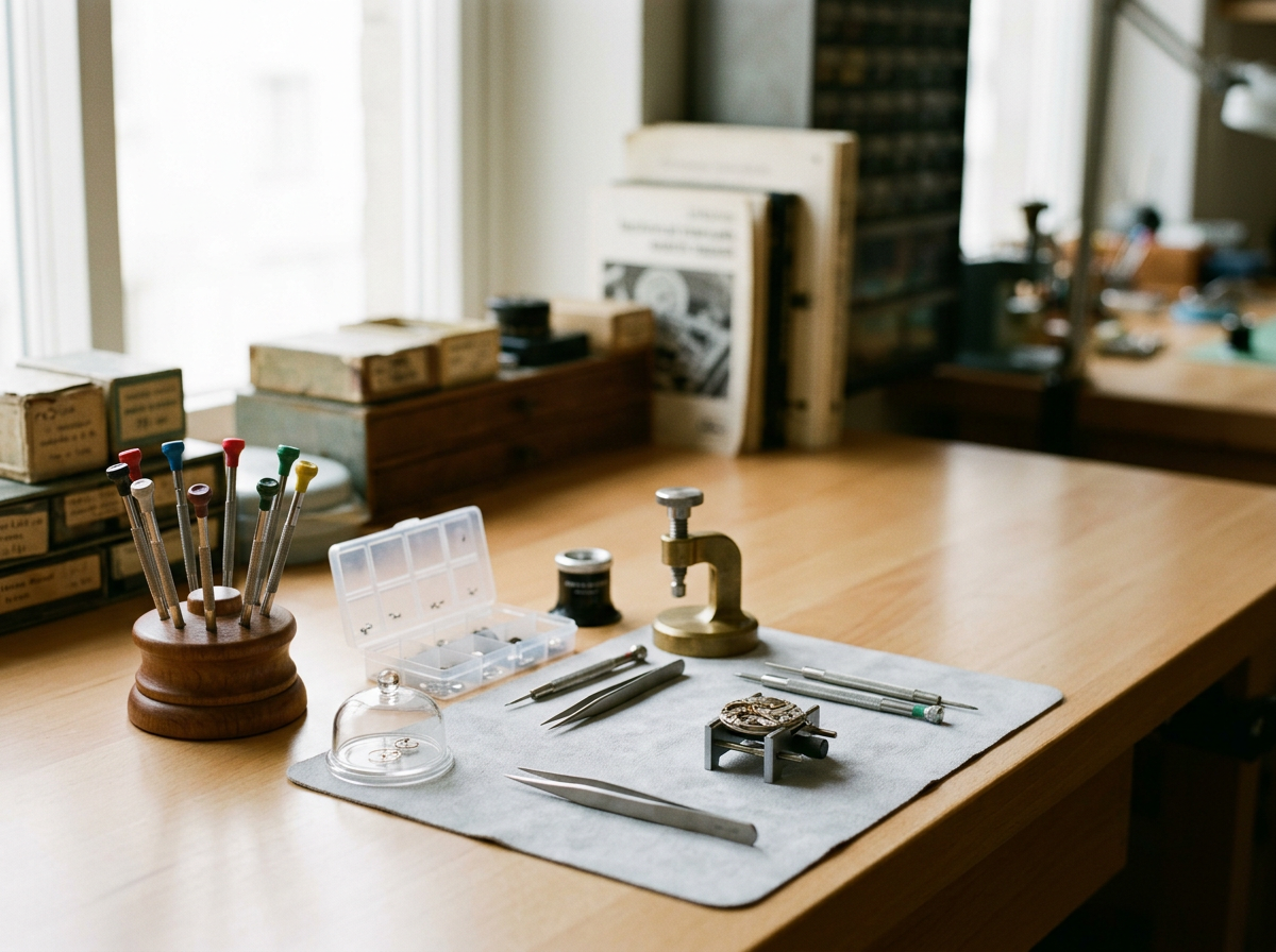 Jewelry watchmaking workspace with tools such as screwdrivers, tweezers, a loupe, and a watch movement on a workspace mat, accompanied by a small container for parts and organized storage boxes in the background.