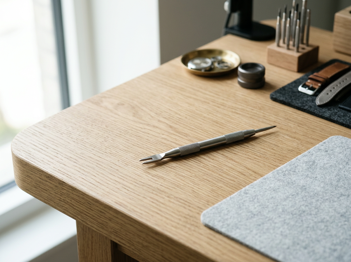 A woodworking chisel with a metal handle laying on a light wooden desk.