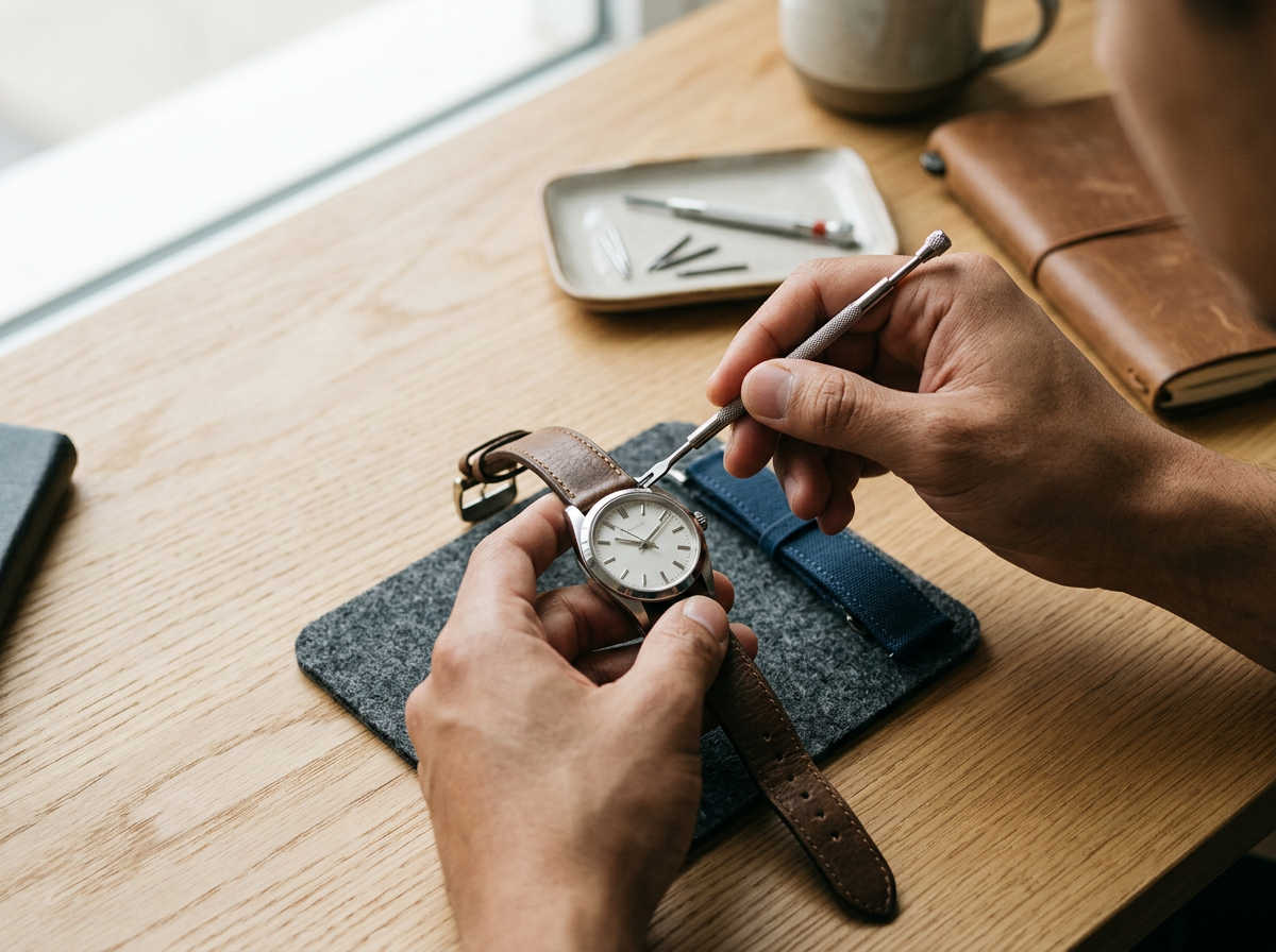 Person using a tool to adjust or repair a wristwatch with a leather strap, on a wooden desk with a gray mat, small tray with watch pins, a notebook, and a mug.