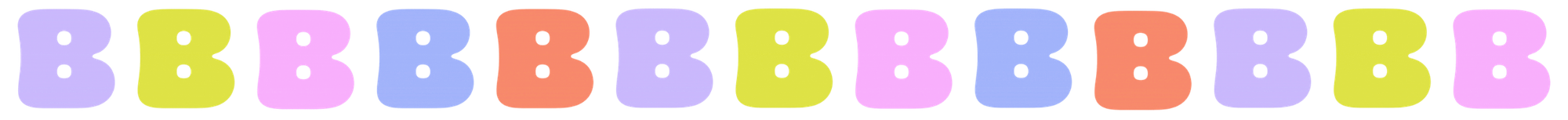 Colorful alphabet letters B in various pastel shades arranged in a row.