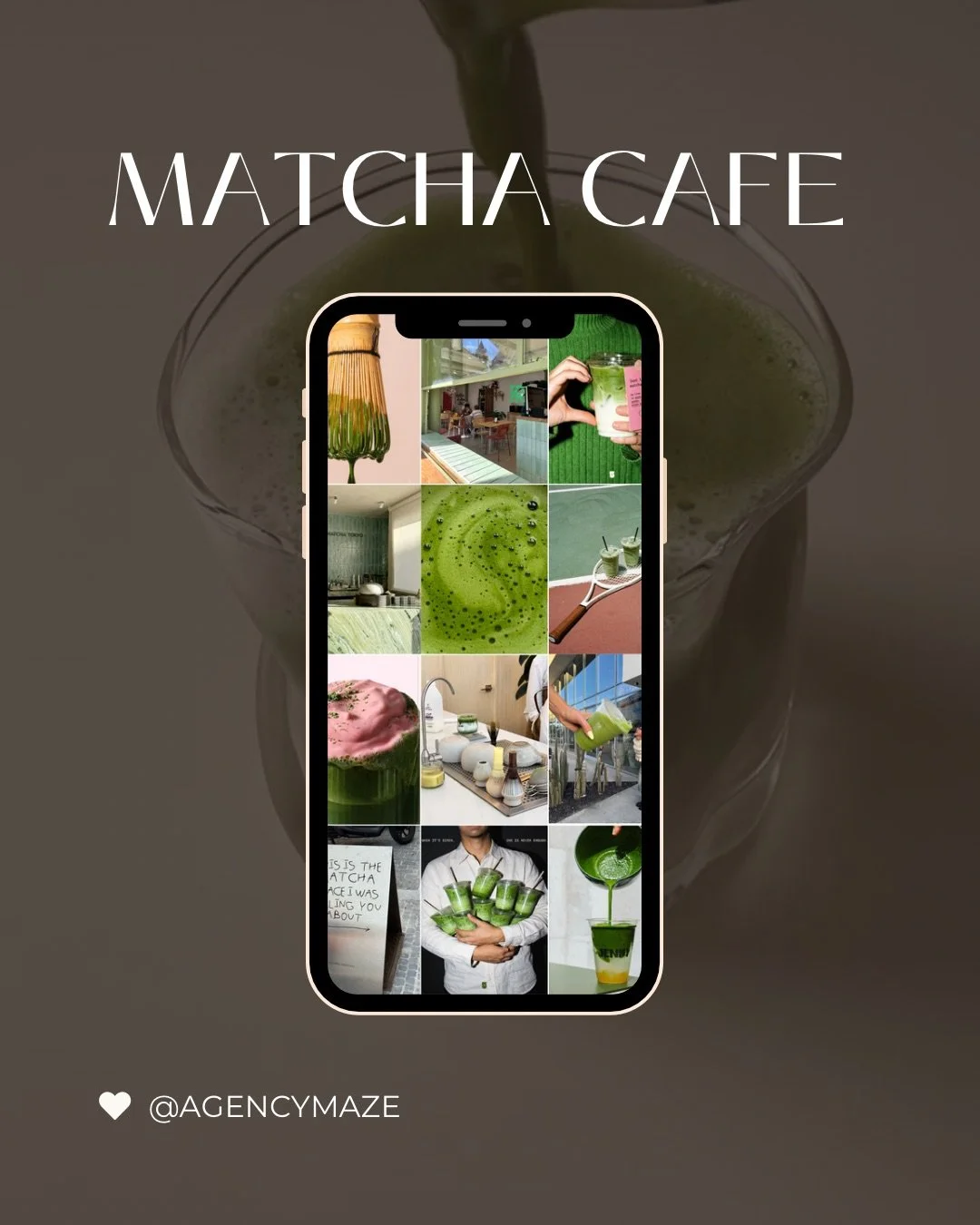 Matcha cafe promotional graphic featuring a smartphone collage of green matcha drinks, tea preparation, cafe interiors, and matcha desserts.