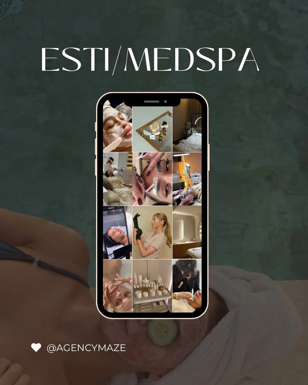 Esti Medspa promotional graphic featuring a smartphone collage of facial treatments, skincare products, spa rooms, and esthetician services.
