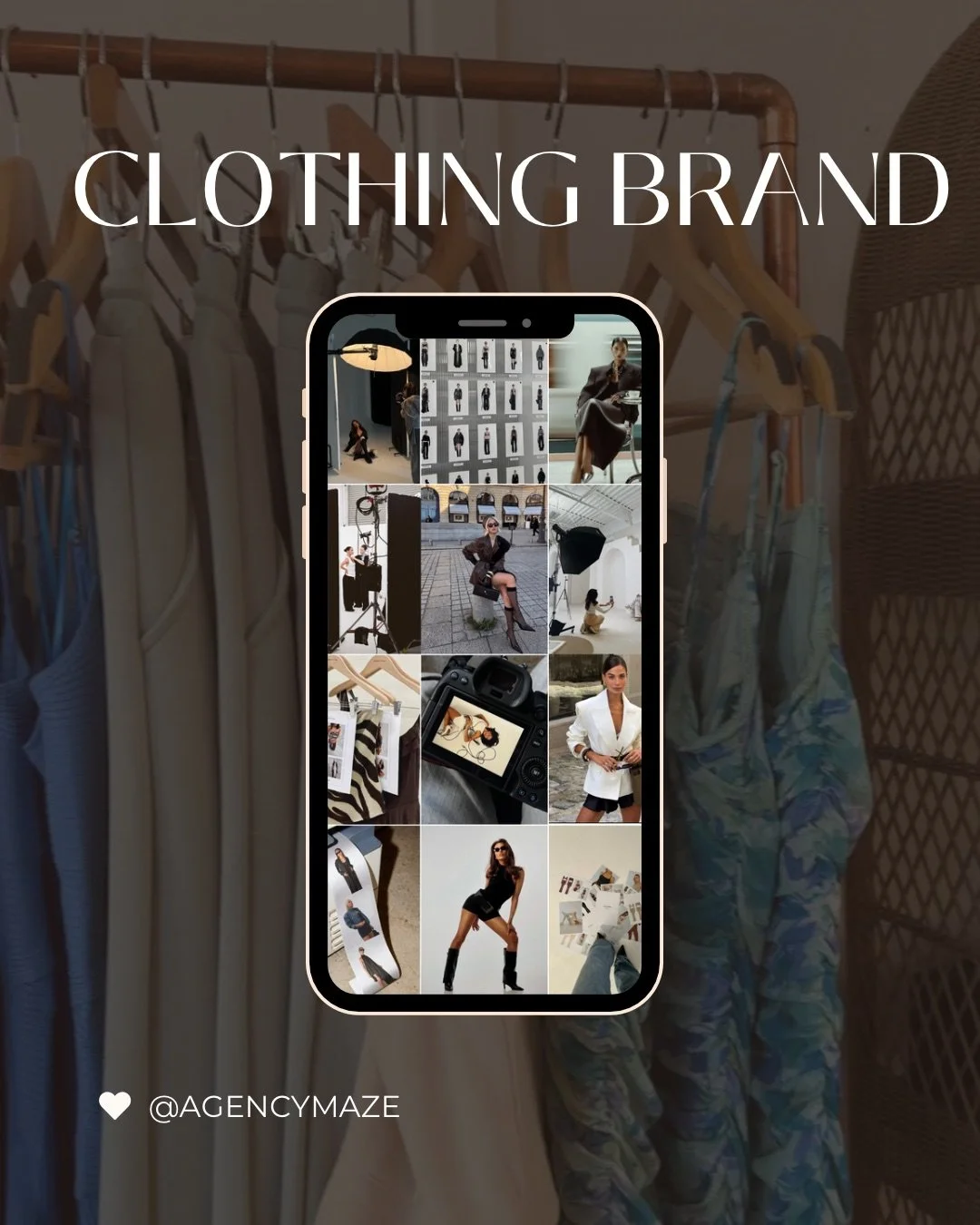 Clothing brand fashion mood board displayed on a smartphone in front of a clothing rack, labeled “CLOTHING BRAND” and “@AGENCYMAZE.”