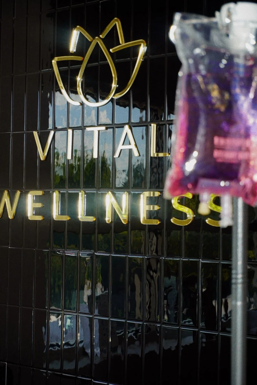 Gold VITAL WELLNESS sign on a glossy black tiled wall beside a colorful illuminated sculpture