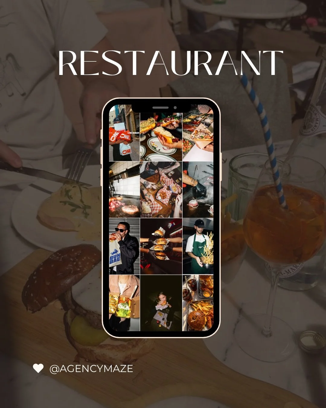 Restaurant social media collage displayed on a smartphone, featuring burgers, fries, sandwiches, desserts, and drinks