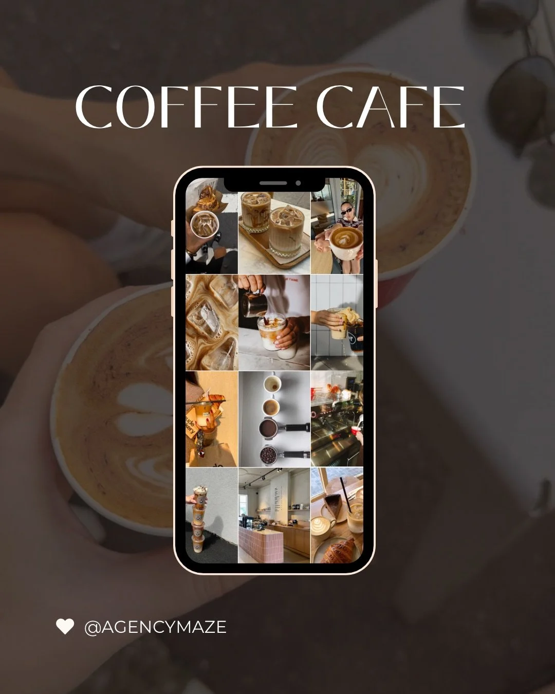Coffee cafe promotional graphic featuring a smartphone collage of coffee drinks, cafe interiors, pastries, and barista scenes