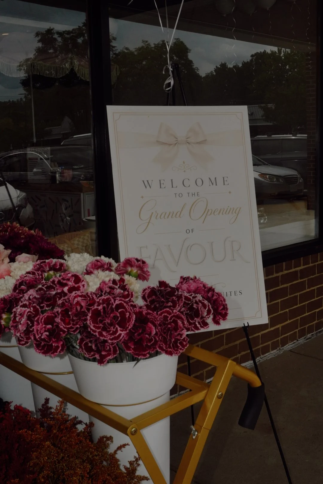 Grand opening sign with a bow and potted burgundy and white carnations outside a storefront