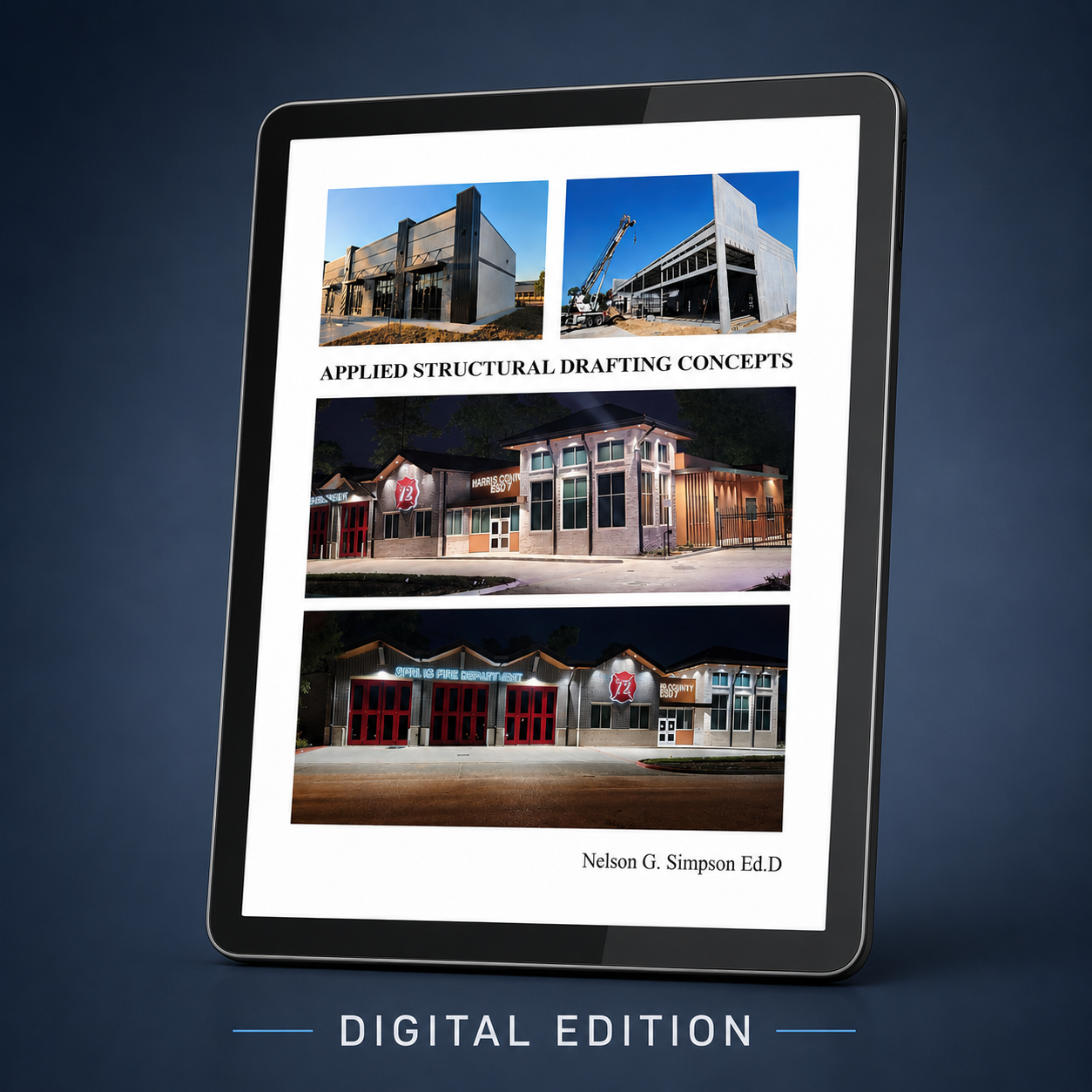 Digital edition cover of a book titled 'Applied Structural Drafting Concepts' by Nelson G. Simpson Ed.D, showing images of building projects and structures.