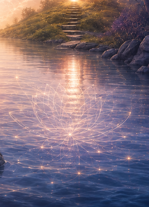 Sunset over a calm river with a stone staircase leading up a grassy hillside, rocks along the shoreline, and a glowing, intricate lotus flower pattern reflected on the water.