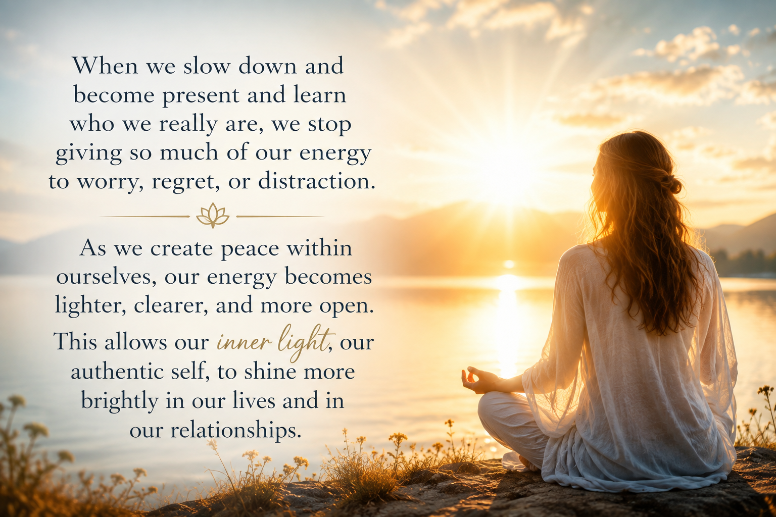 A woman sitting cross-legged by a lake at sunset, meditating with her back to the camera, wearing a white dress, surrounded by nature.