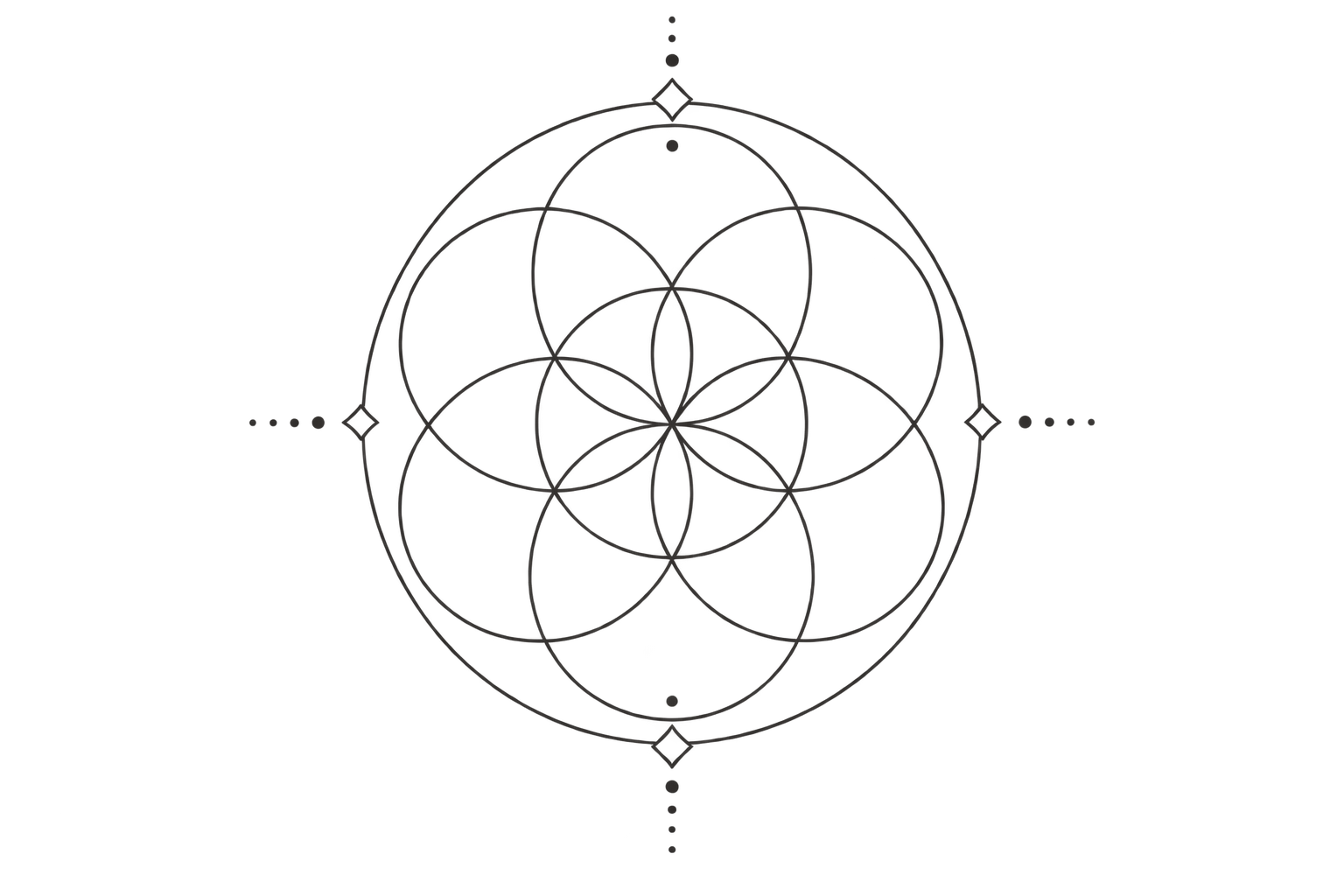 A geometric design featuring interconnected circles and lines forming a symmetrical pattern on a black background.