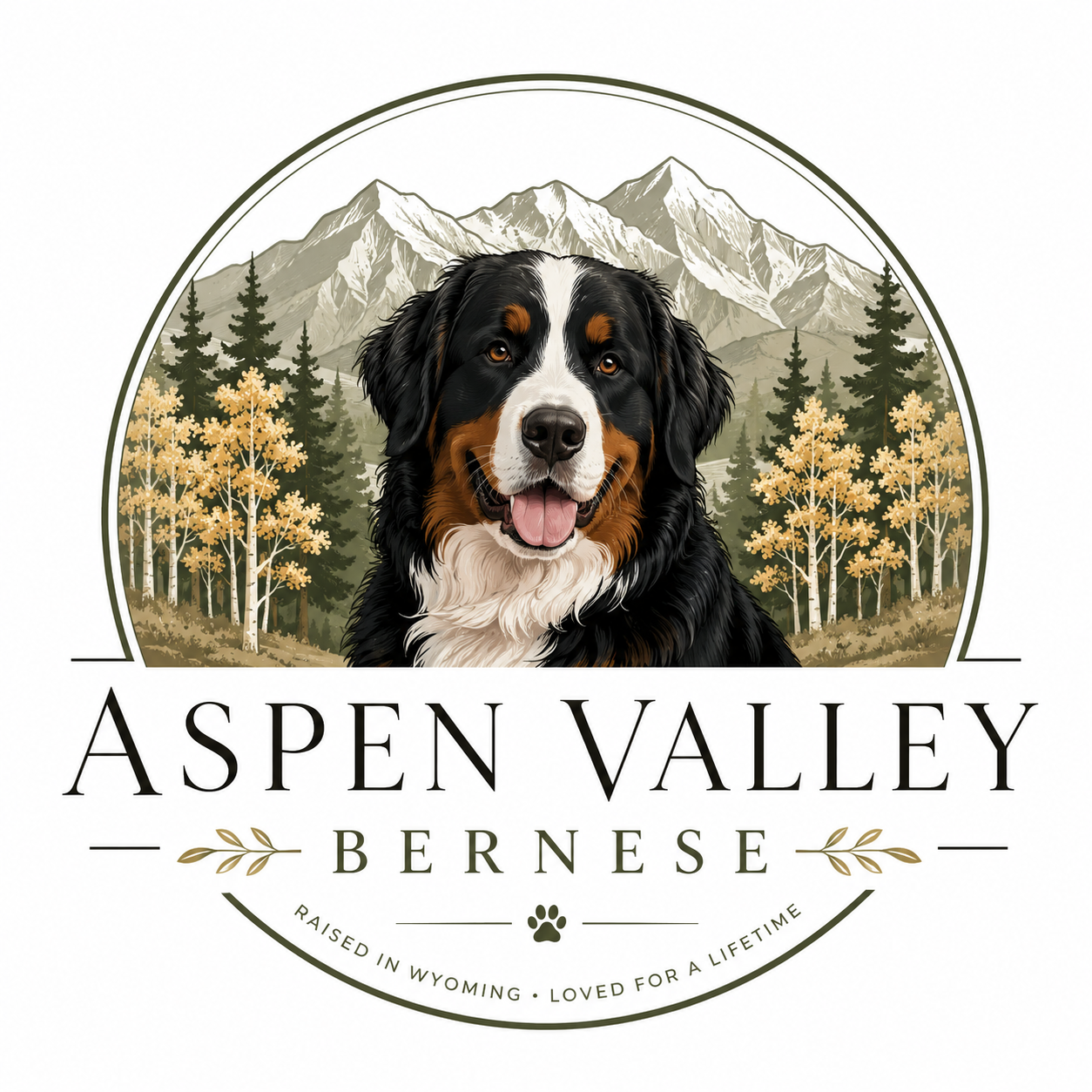 Aspen Valley Bernese logo featuring a Bernese Mountain Dog against Wyoming mountains and aspen trees, with the text “Raised in Wyoming • Loved for a Lifetime.”