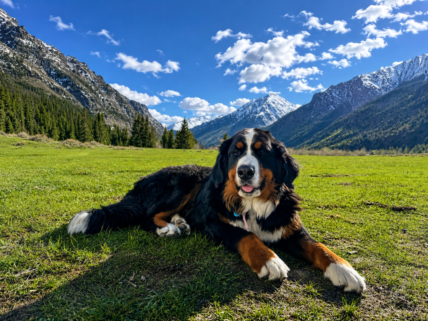 Bernese Mountain Dog lying in a grassy alpine meadow beneath snow-capped mountains