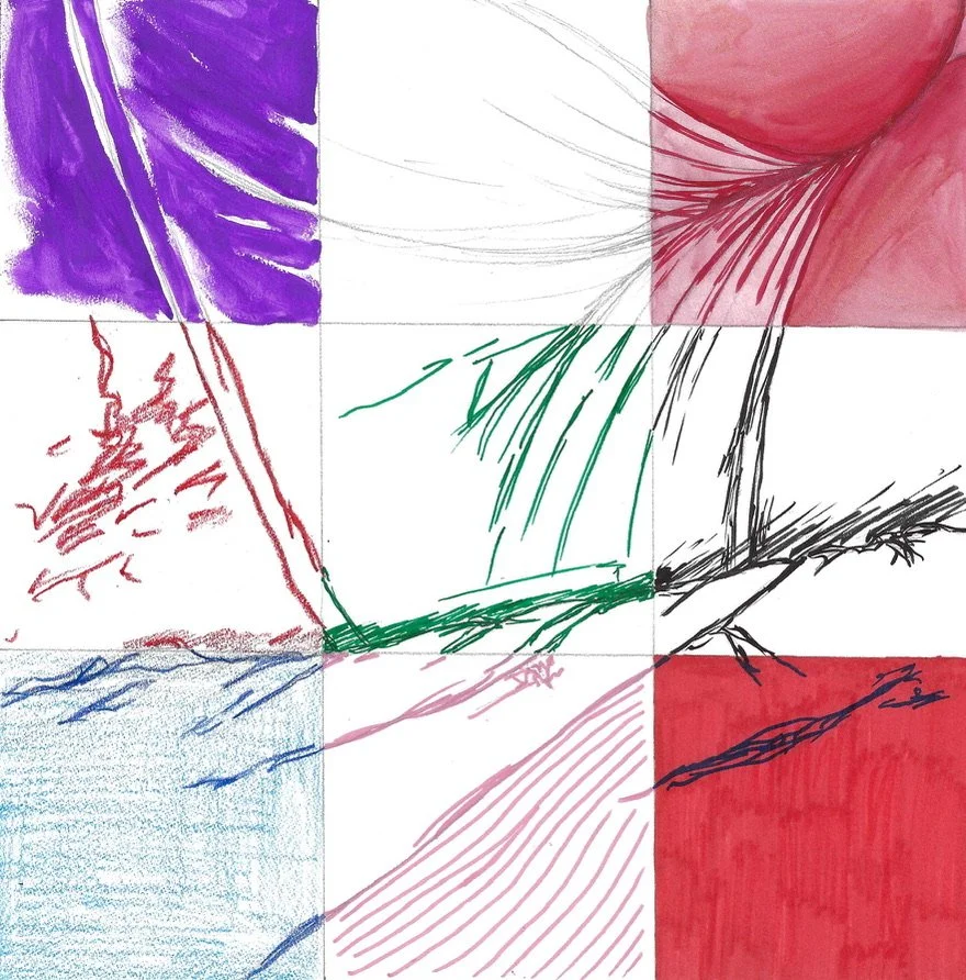 Abstract drawing of a butt with nine sections, each featuring different colors and lines, including purple, pink, green, black, red, and blue.