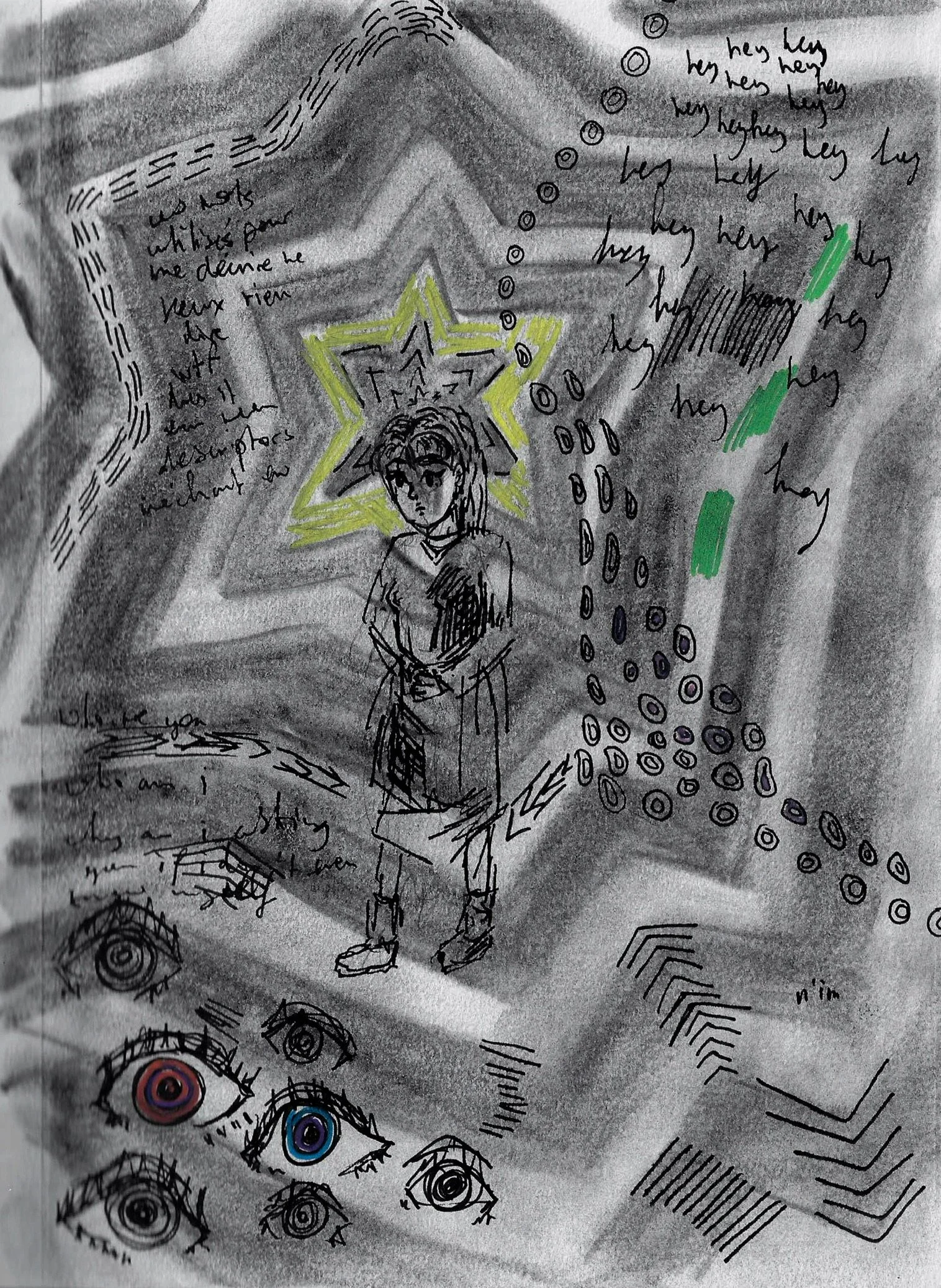 A hand-drawn sketch with gray shading, featuring a central portrait of a person surrounded by a large star with green outlines. Above, multiple eyes with different colored irises are depicted. Various handwritten words and phrases are scattered throu
