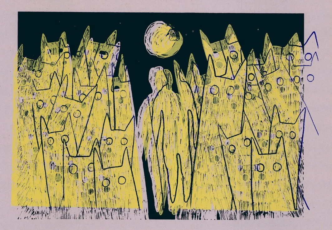 Stylized drawing of a group of yellow cats under a full moon at night.