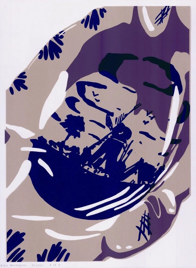 Abstract line art of a windmill, surrounded by bold lines and shapes in shades of purple, beige, and white.
