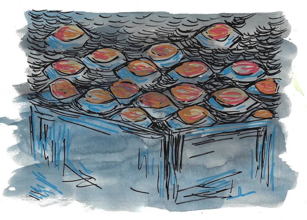 A blue balcony filled with many yellow and red eyes floating and looking forward.