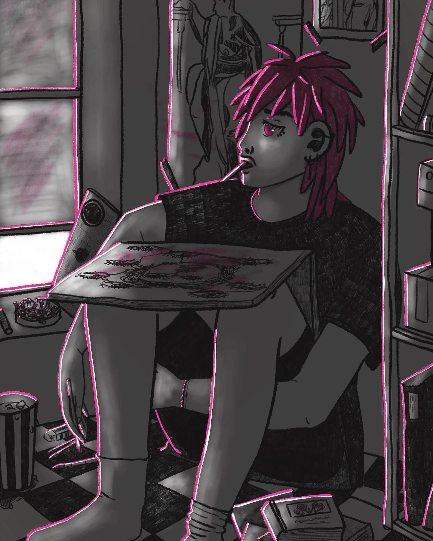 A person with pink hair and eyes, sitting, with a cigarette in their mouth. They are wearing a black shirt and shorts, surrounded by scattered objects including books, and art supplies in a dimly lit room with sketch-style walls and with pink outline