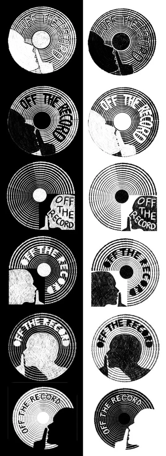 A series of black and white graphic designs featuring silhouettes of a person's head with text related to vinyl records, shown in various styles and orientations.