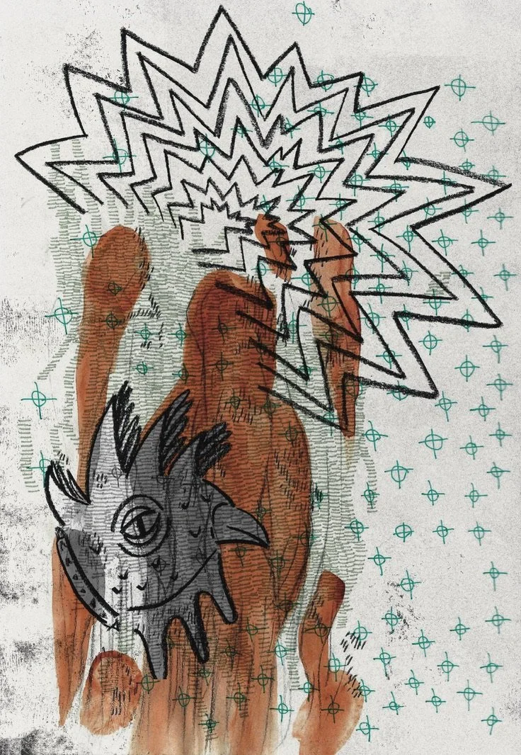 A fantasy illustration of a chicken with a humanoid figure with spiky hair and sunglasses surrounded by comic-style action lines and starburst effects.