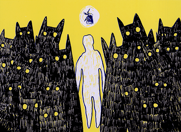 A gif of a humanoid figure stands between two groups of black cats with glowing yellow eyes, all under a yellow sky with a moon or sun.