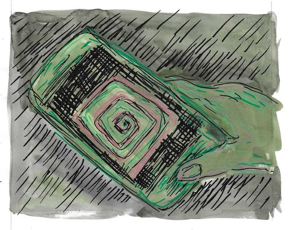 Green illustration of a hand holding a smartphone with a spiral pattern on the screen, viewed from above.