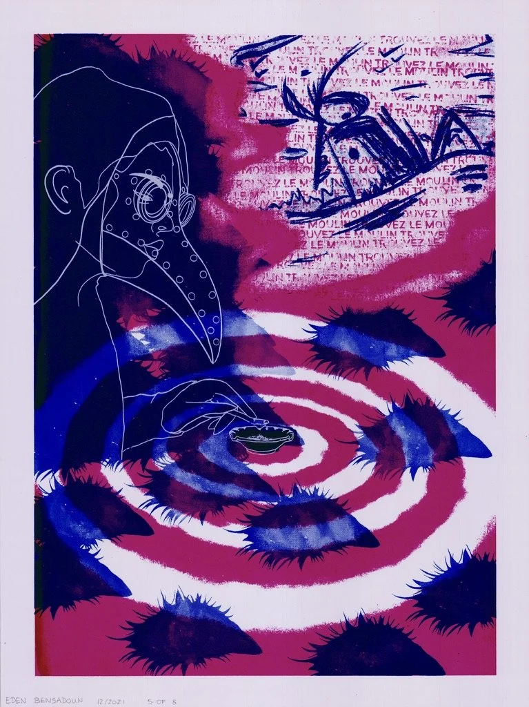 An abstract artwork featuring a line drawing of a person wearing a plague doctor's mask, surrounded by pink, blue, and purple watercolor splashes. The composition includes eye-like shapes and handwritten text "TROUVEZ LE MOULIN" in the background.