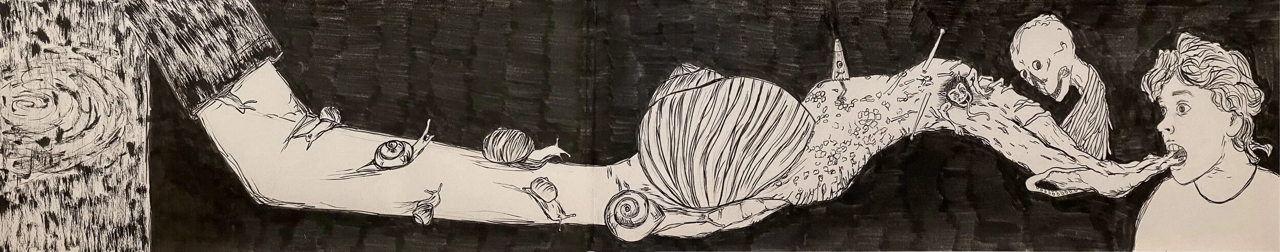 Drawing of a snail extending its body on a person arm connecting with a portrait's tongue, and tiny snails on the arm, and tiny monsters on the the snail-tongue.