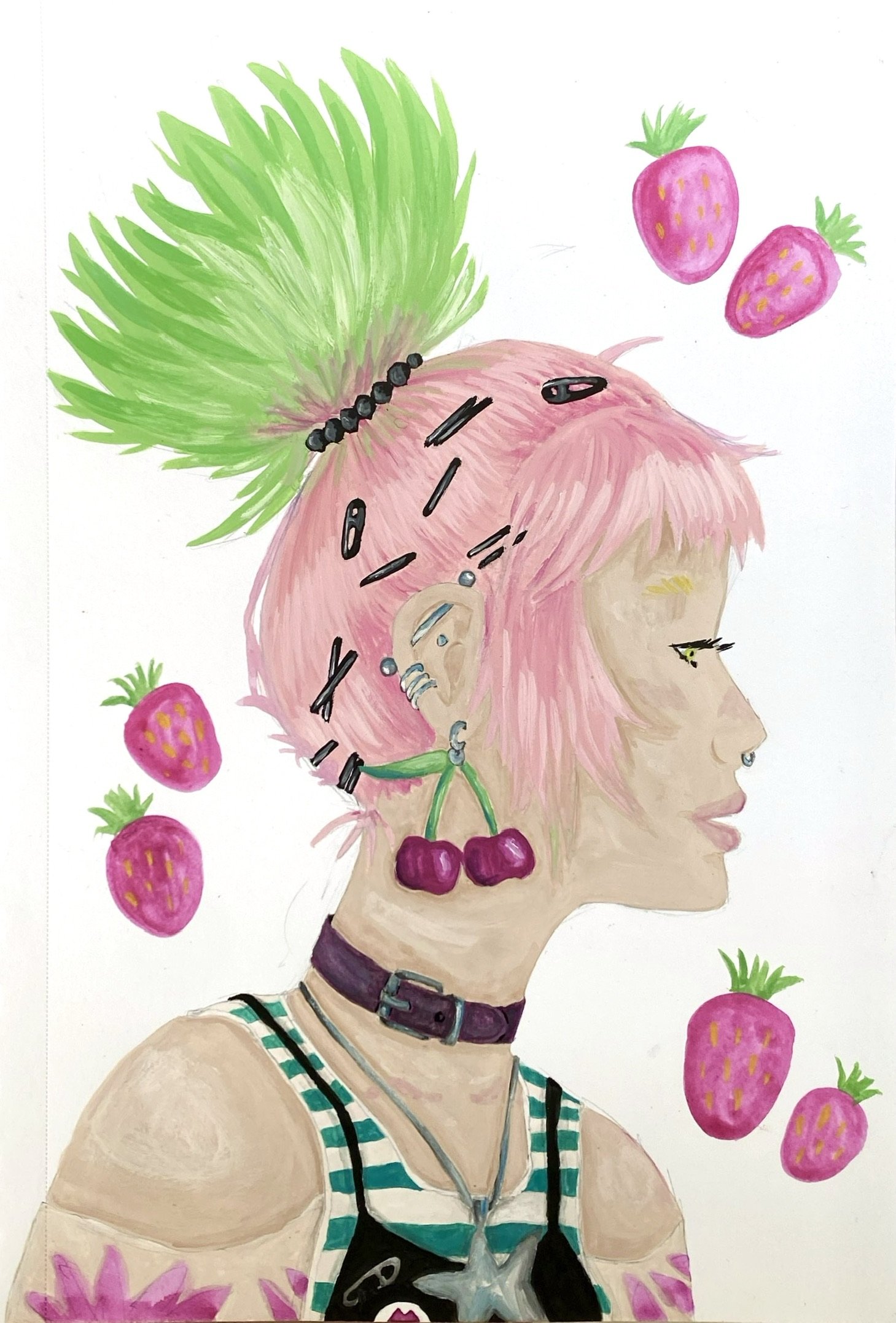 An illustrated profile of a young woman with short pink hair, wearing a black choker, a striped tank top, and a black tank top with a pins. She is adorned with cherries, necklaces, and pins, surrounded by strawberry shapes.