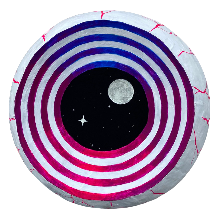A circular paper-mache mask with concentric rings in shades of purple, pink, and white, depicting the moon and stars in a black night's sky at the center.