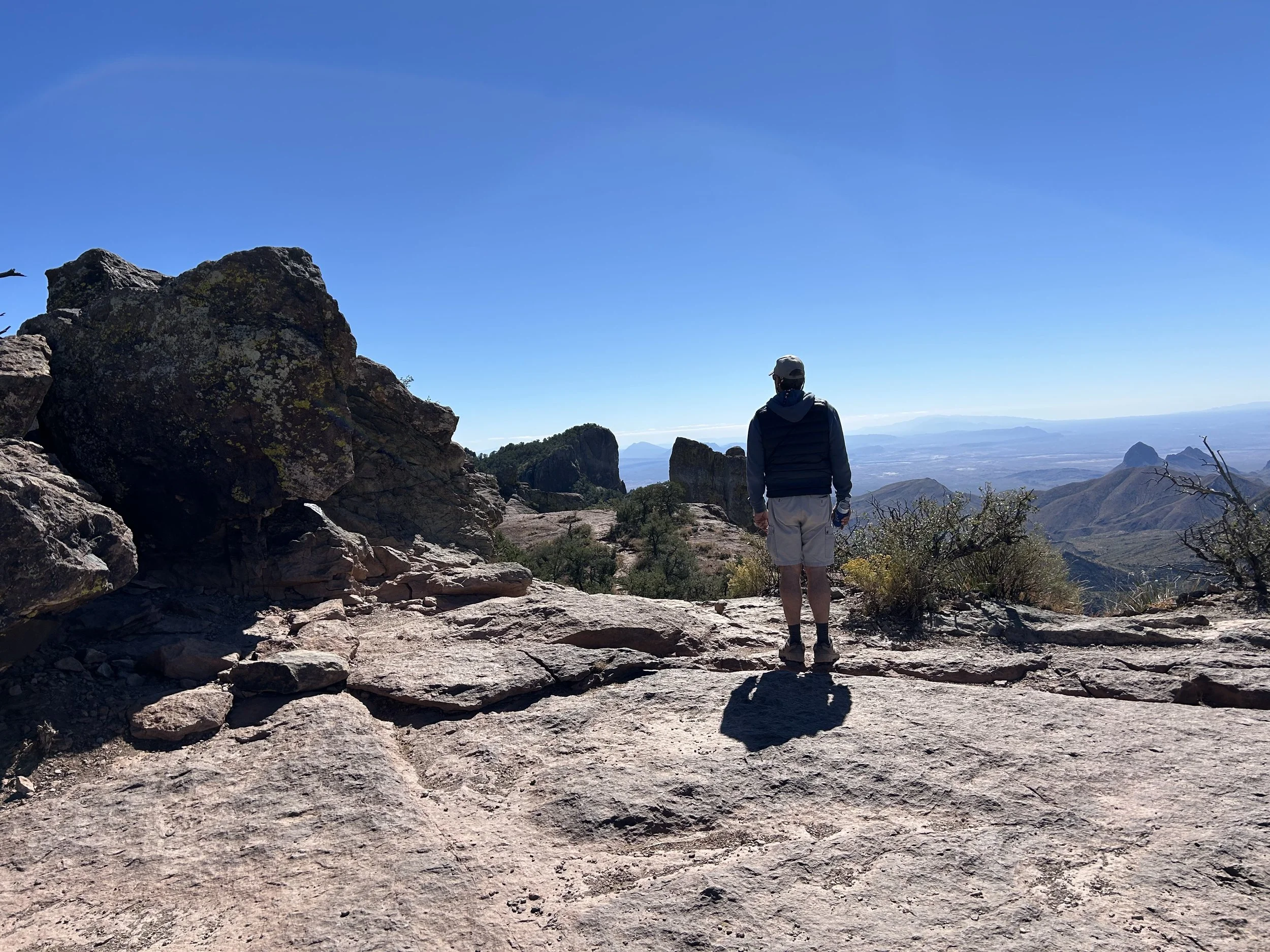 Adult overlooking a mountain landscape from a rocky trail.