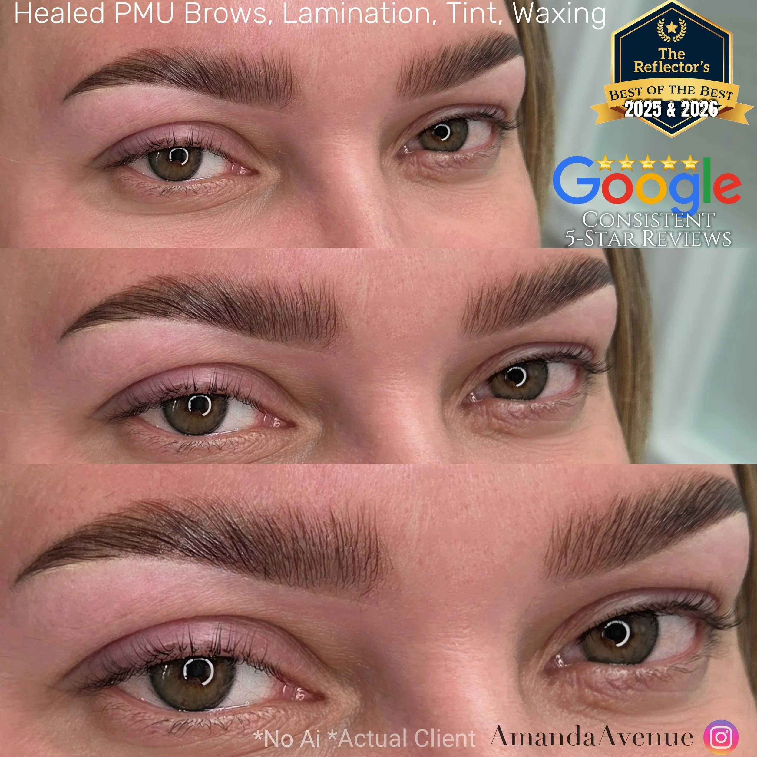 Close-up of a person's eyes and eyebrows showing recently treated eyebrows with healed PMU brows, lamination, tint, and waxing. The eyebrows are well-groomed, shaped, and filled in, with emphasized and styled brow hairs.