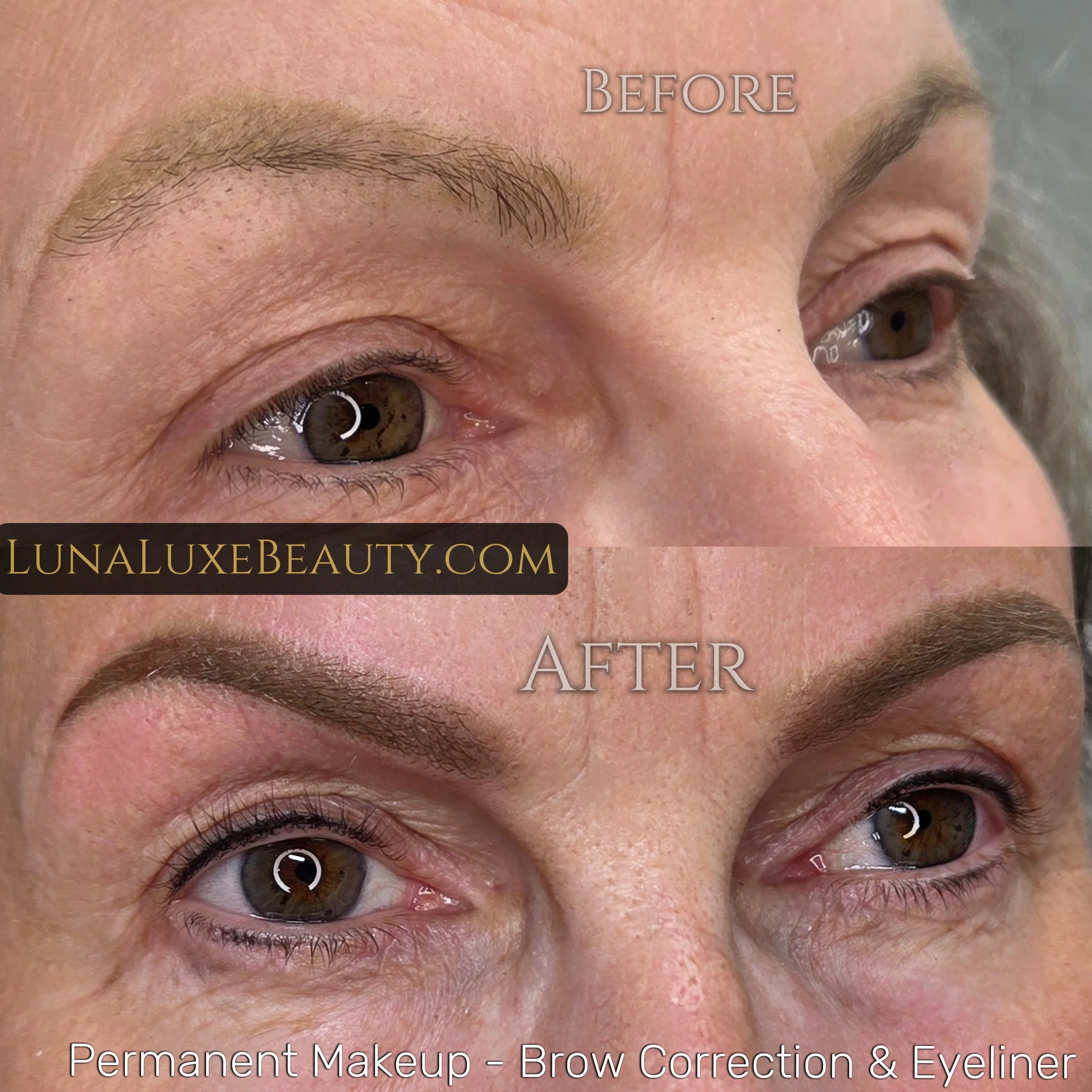 Close-up of a person's face with brown eyes and eyebrows, showing before and after images of permanent makeup eyebrow correction and eyelash enhancement done by Amanda Avenue
