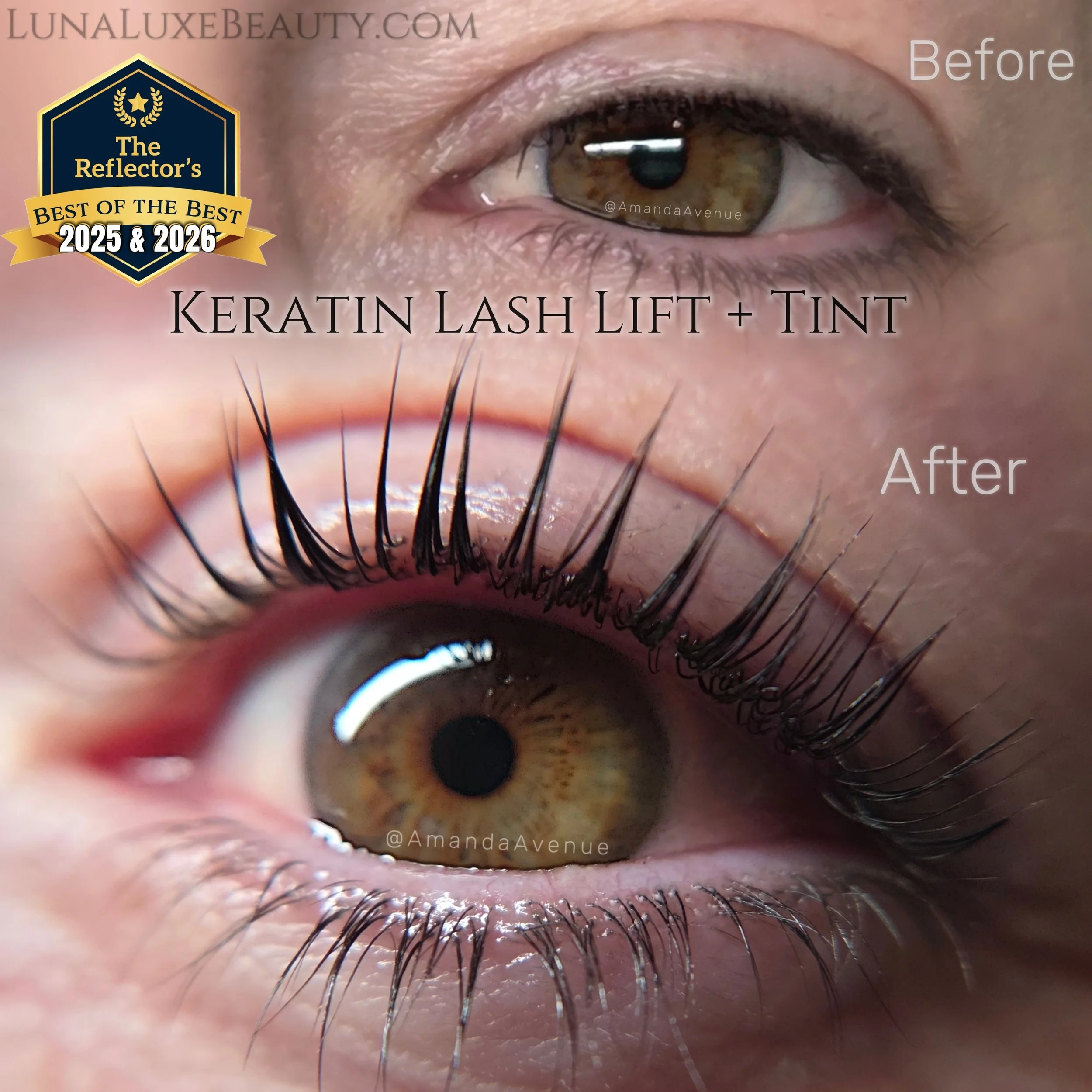 Close-up view of a person's eye before and after keratin lash lift and tint, showing the eyelash transformation from Amanda Avenue