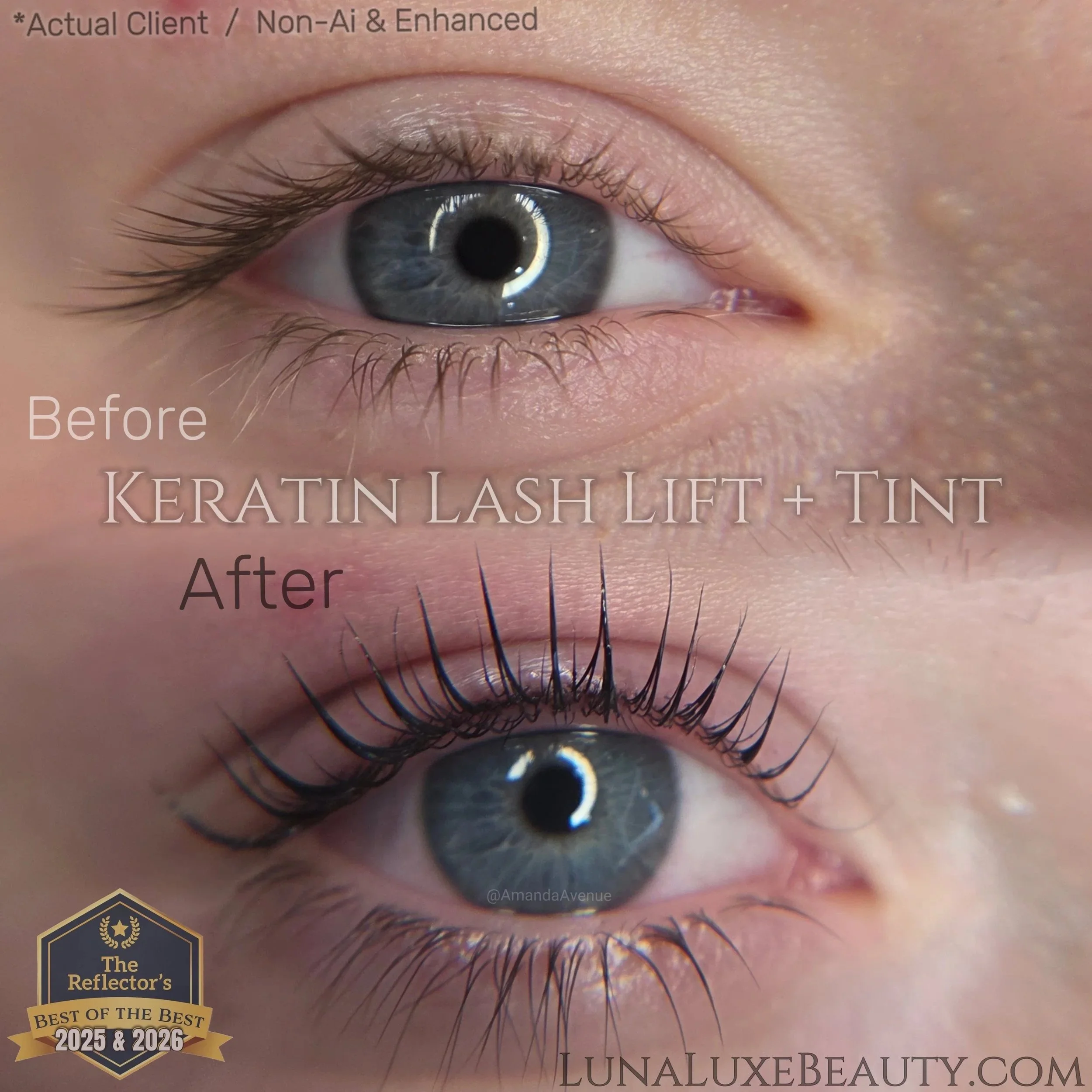 Before and after keratin lash lift and tint showing lifted curled and enhanced natural eyelashes at Luna Luxe Beauty Lounge.