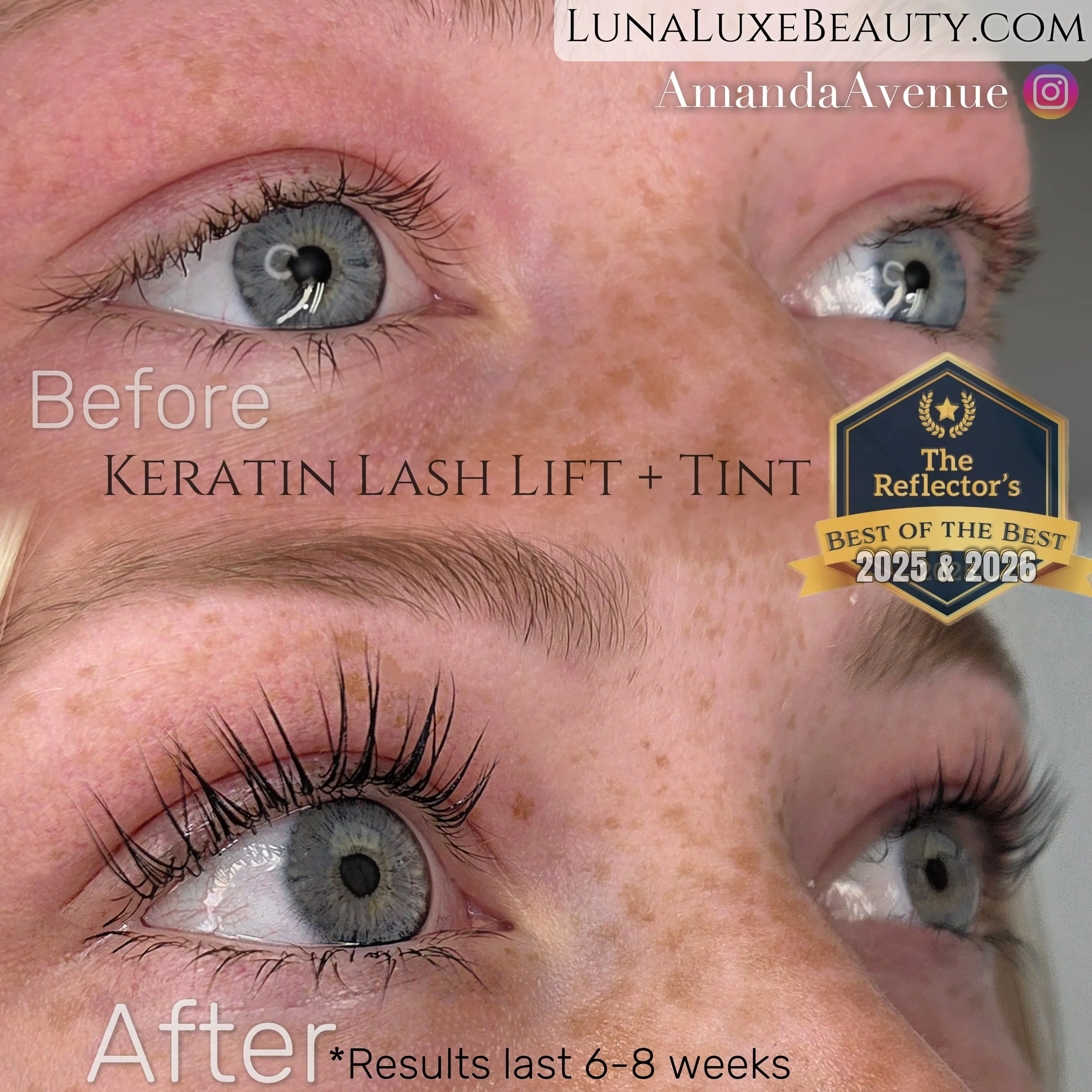 Close-up of a person's eye showing the eye before and after a healthy keratin lash lift and tint treatment on her lashes. Luna Luxe Beauty Lounge in Longview, WA by Amanda Avenue