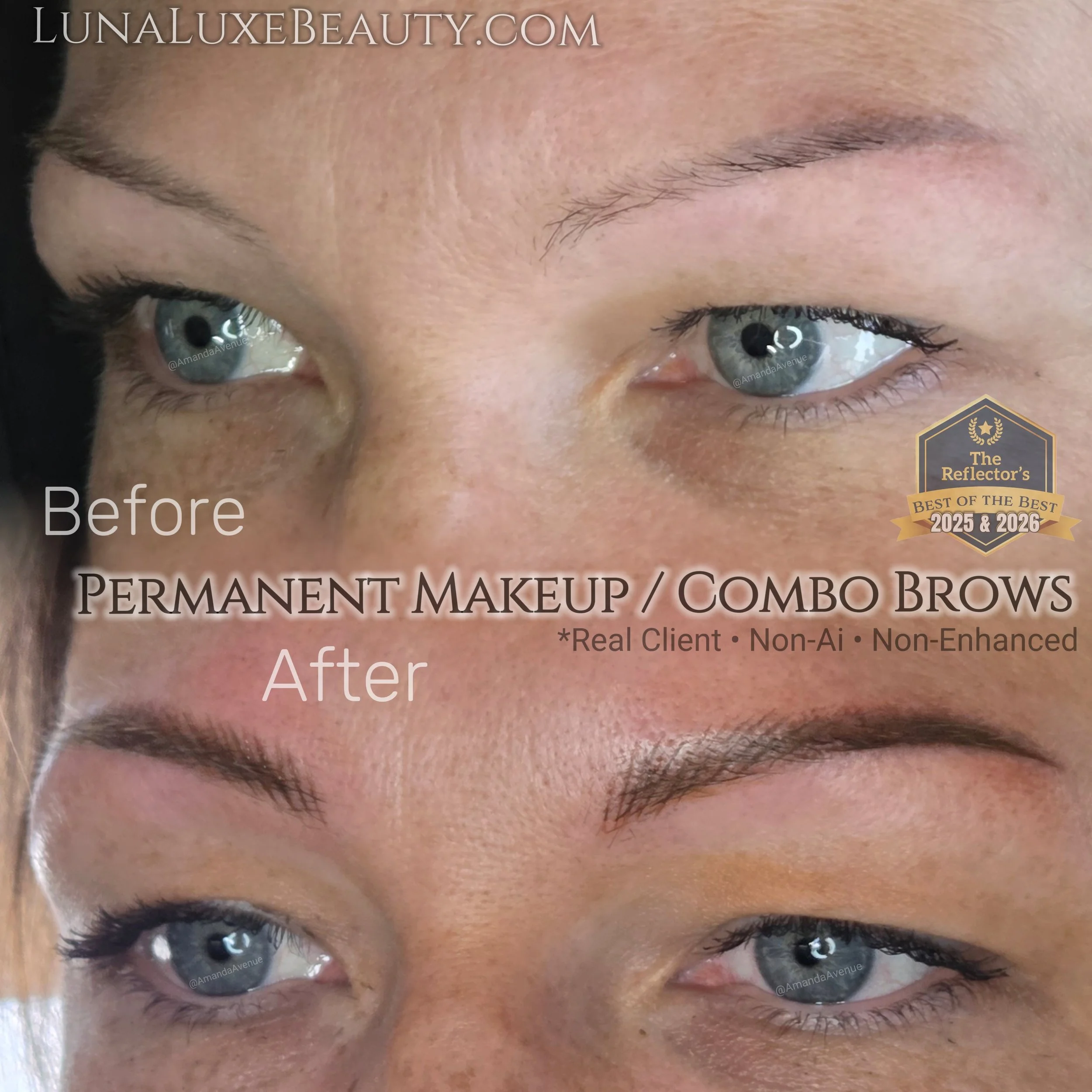 photo of a before and after of a client who got combination brows from Amanda Avenue in Longview, WA