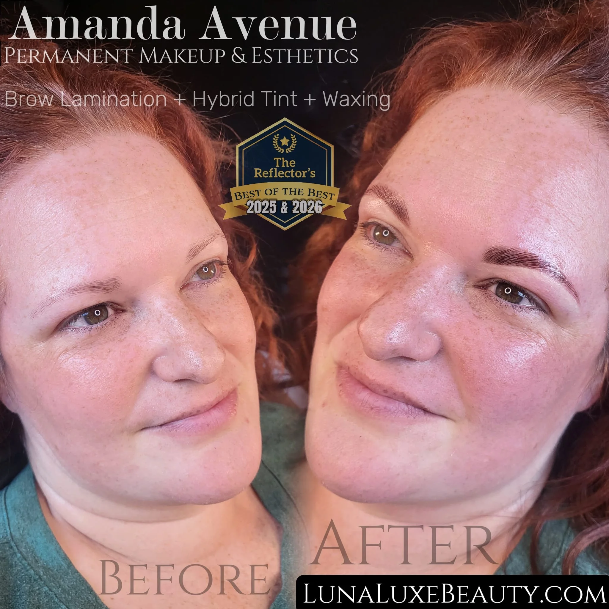 Before and after brow lamination, tint / stain, and wax by Amanda Avenue at Luna Luxe Beauty Lounge.