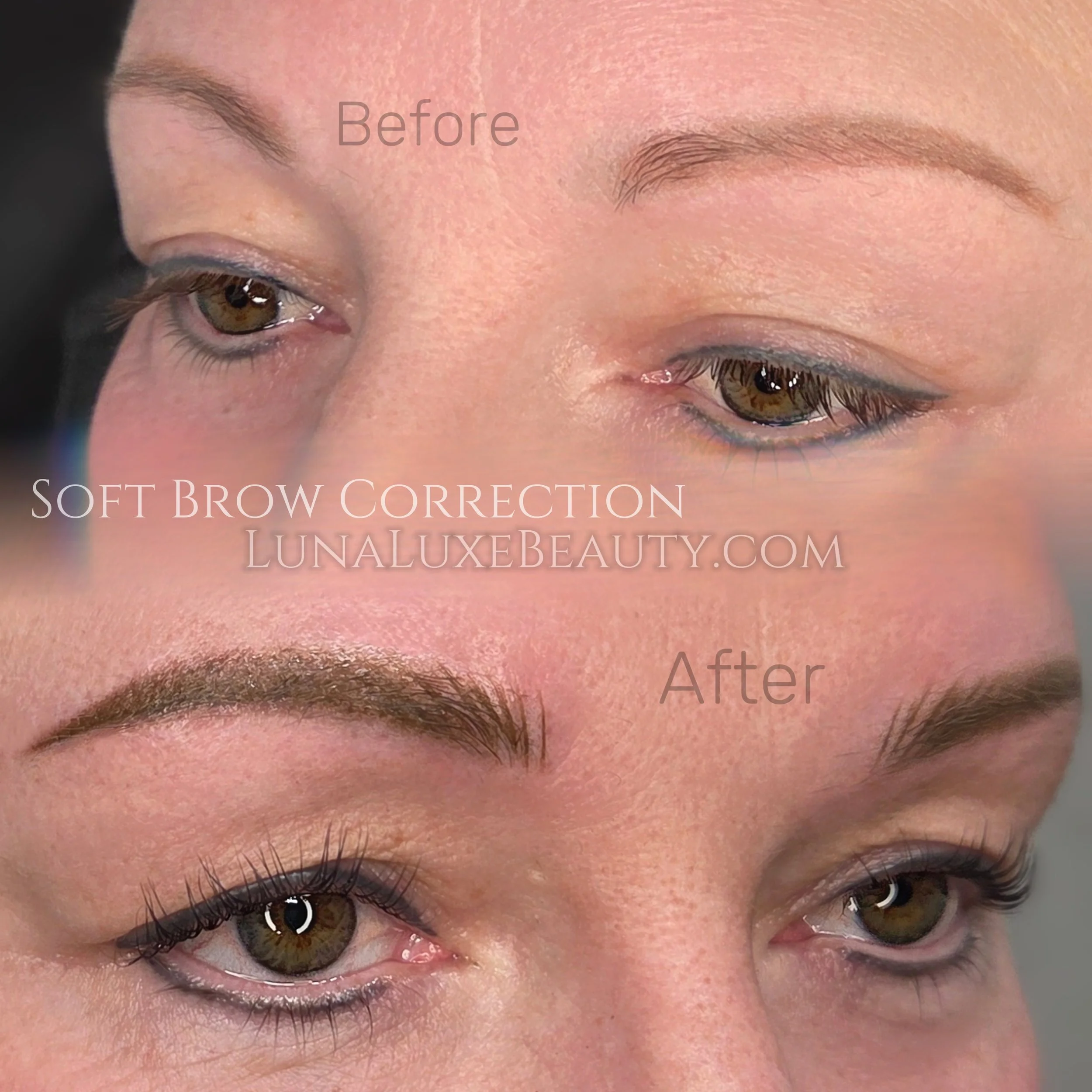 A persons face of before and after. her brows was somebody else originally and then came to Amanda Avenue to get correction done. She got natural hair strokes combo brows permanent makeup