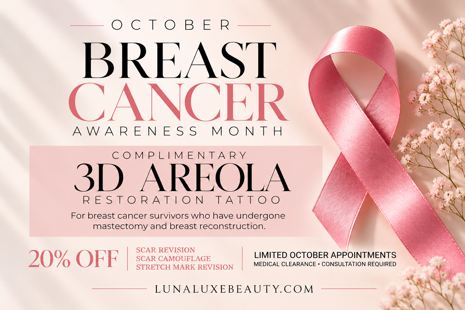 Pink ribbon, pink flowers, and text promoting breast cancer awareness month with a 20% discount on 3D areola restoration tattoo for breast cancer survivors.