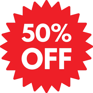 Red promotional badge with spiked edges displaying '50% OFF' in black text.