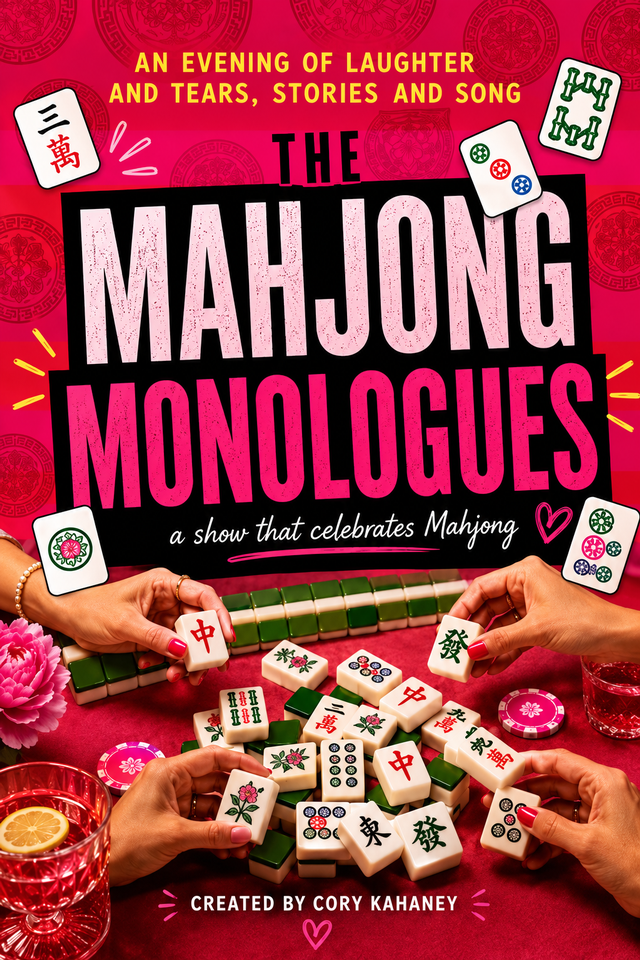 Cover of a show called 'The Mahjong Monologues' with a red background, featuring hands playing mahjong, with mahjong tiles, chips, and a glass of lemon water on a table.