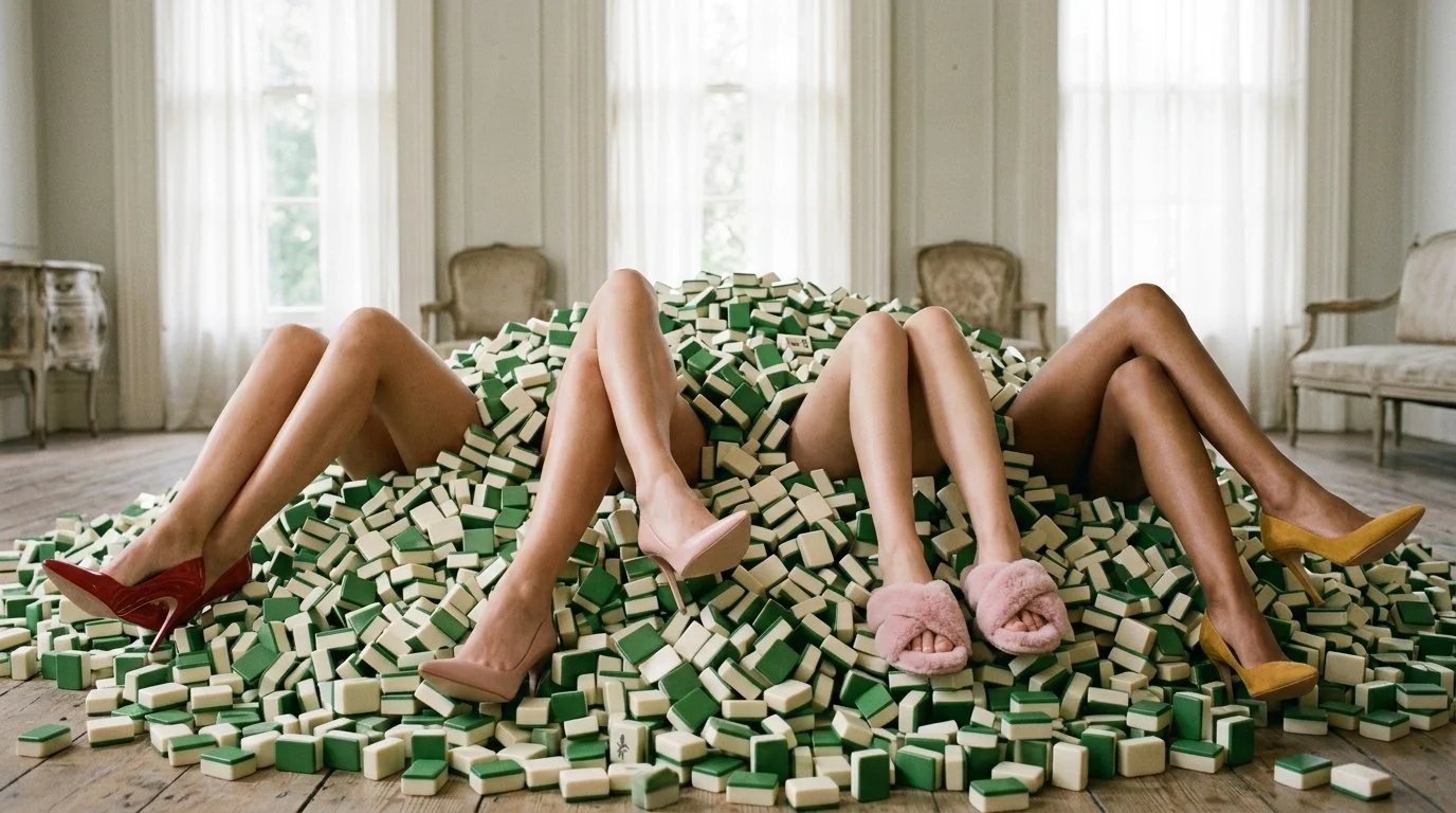 Multiple female legs with high heels sticking out from a pile of mahjong tiles in a spacious room with large windows and vintage furniture.